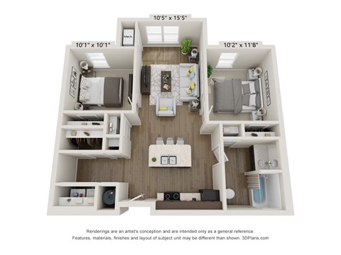 Floor plan for 2 beds, 1 bath, 845 sqft